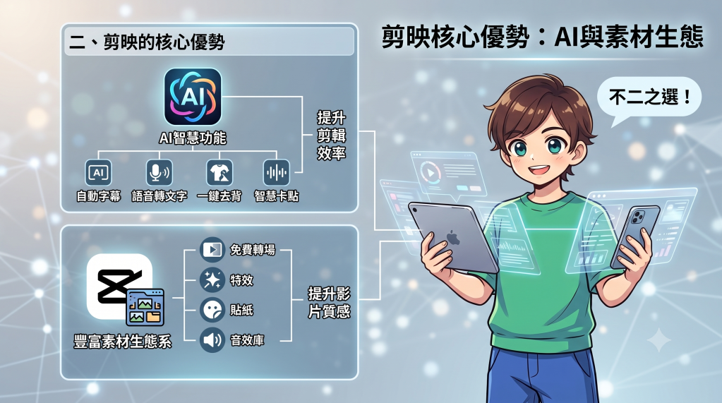 剪映 剪映核心優勢:AI智慧功能與豐富素材生態