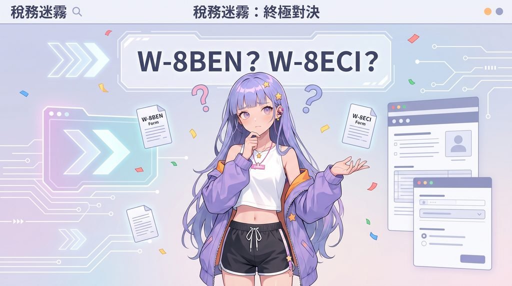 Google AdSense 美國稅務表單選擇：W-8BEN 與 W-8ECI 差異比較示意圖