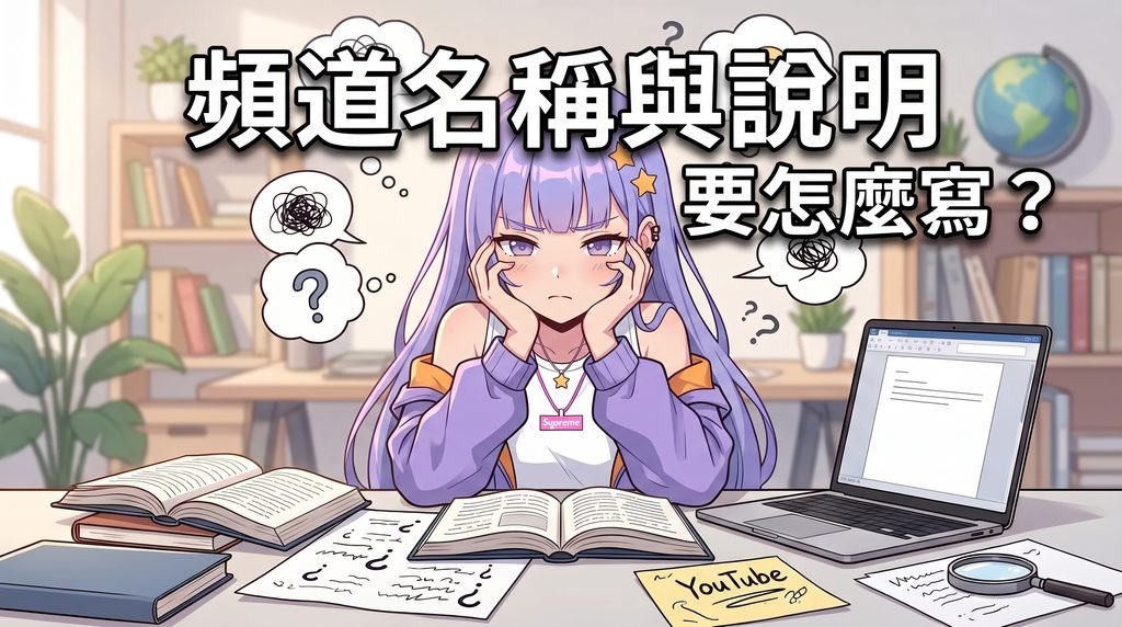 一個創作者坐在書桌前為 YouTube 頻道名稱與說明要怎麼寫而煩惱的概念圖