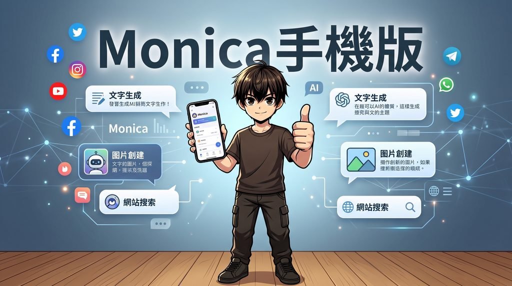 Monica AI 手機版核心功能插圖：文字生成、圖片創建、網站搜索與多模型切換