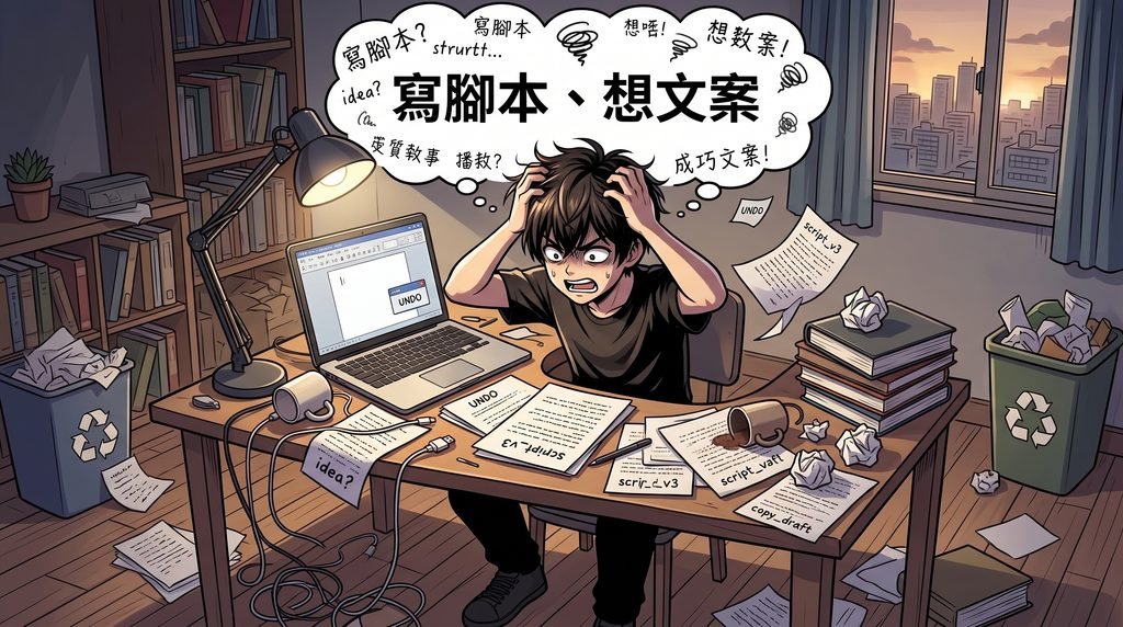 影音創作者寫腳本與發想社群文案痛點插圖：文思枯竭與草稿堆疊困境