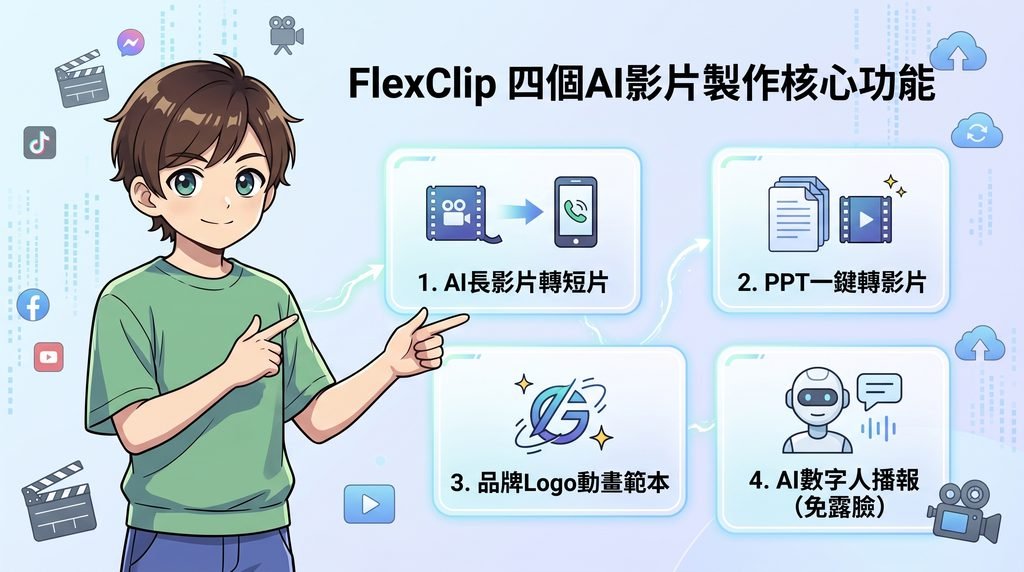 AI影片製作神器!長影片轉短片、PPT轉影片、Logo動畫、AI數字人一次學會 FlexClip 四個AI影片製作核心功能:AI長影片轉短片、PPT一鍵轉影片、品牌Logo動畫範本、AI數字人播報解說圖
