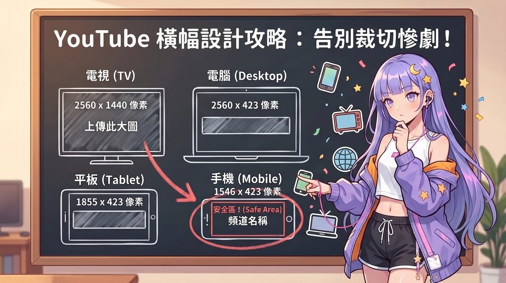 YouTube 頻道橫幅圖片尺寸與各裝置安全區設計示意圖