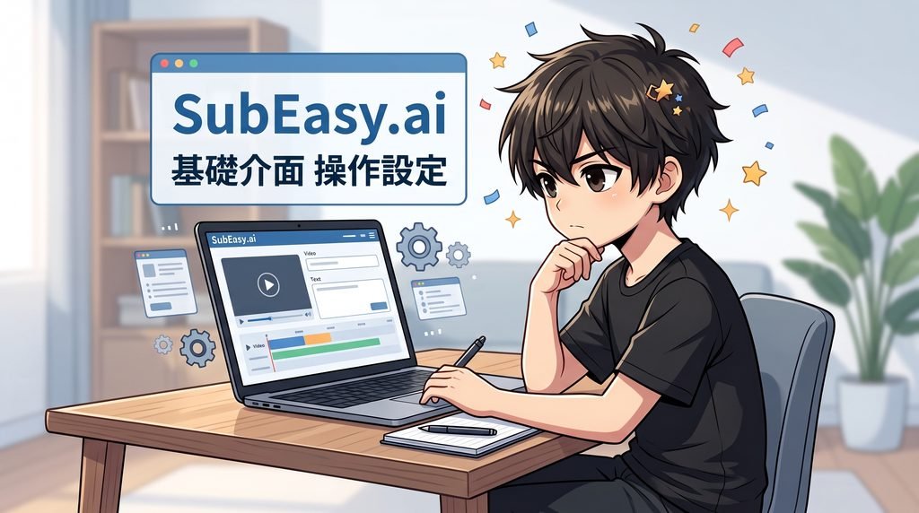 SubEasy.ai 基礎介面操作設定插圖：工作區登入、語言切換與音訊檔案上傳教學