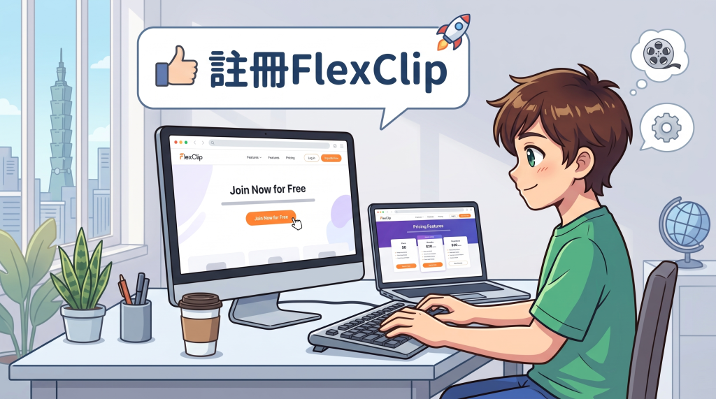 FlexClip 基礎教學 FlexClip 官網註冊教學示範插圖:點選註冊與帳號登入步驟