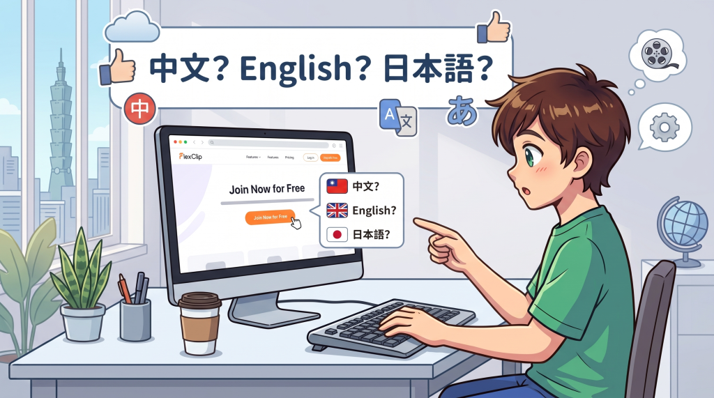 FlexClip 基礎教學 FlexClip 變更語言設定示範插圖:切換中文與多國語言介面教學