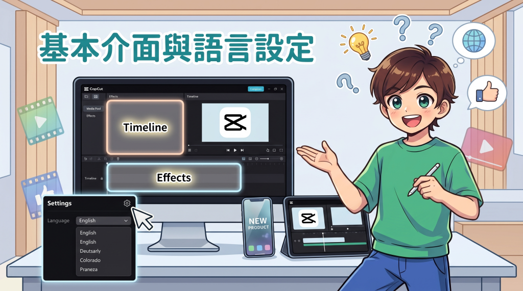 CapCut 電腦版 基礎教學 CapCut 電腦版教學:基本介面、時間軸與語言設定功能示範插圖