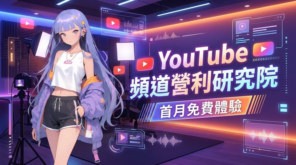 YouTube 頻道營利研究院宣傳海報，VTuber 角色搭配首月免費體驗活動標語