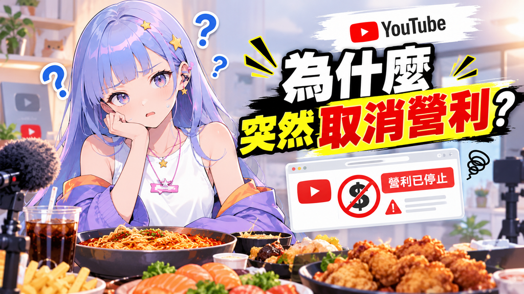 吃播頻道被 YouTube 突然取消營利首圖，VTuber 面前擺放炸雞食物與營利已停止標誌