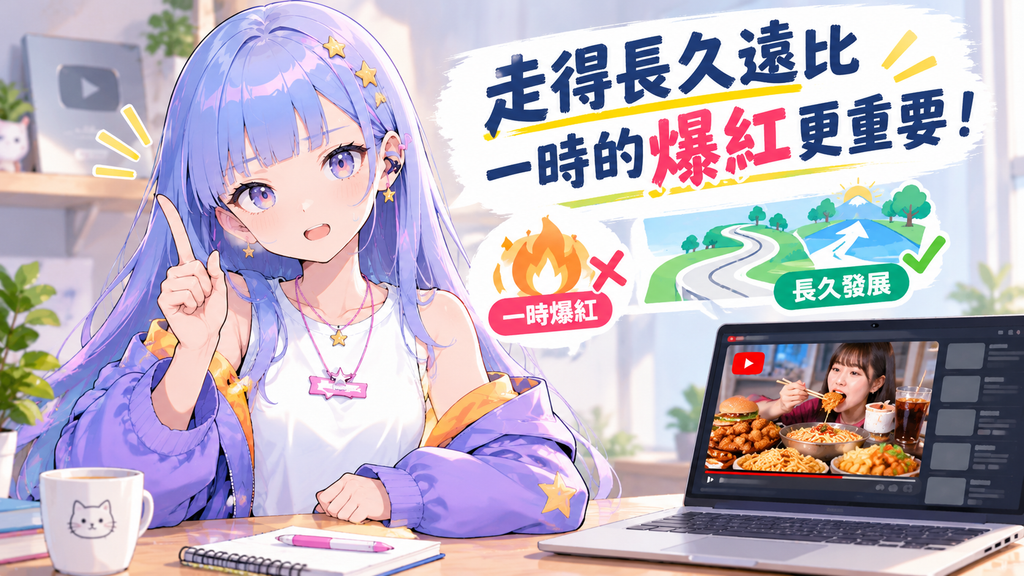 YouTube 吃播經營長久發展觀念插圖，標語強調走得長久遠比一時爆紅更重要